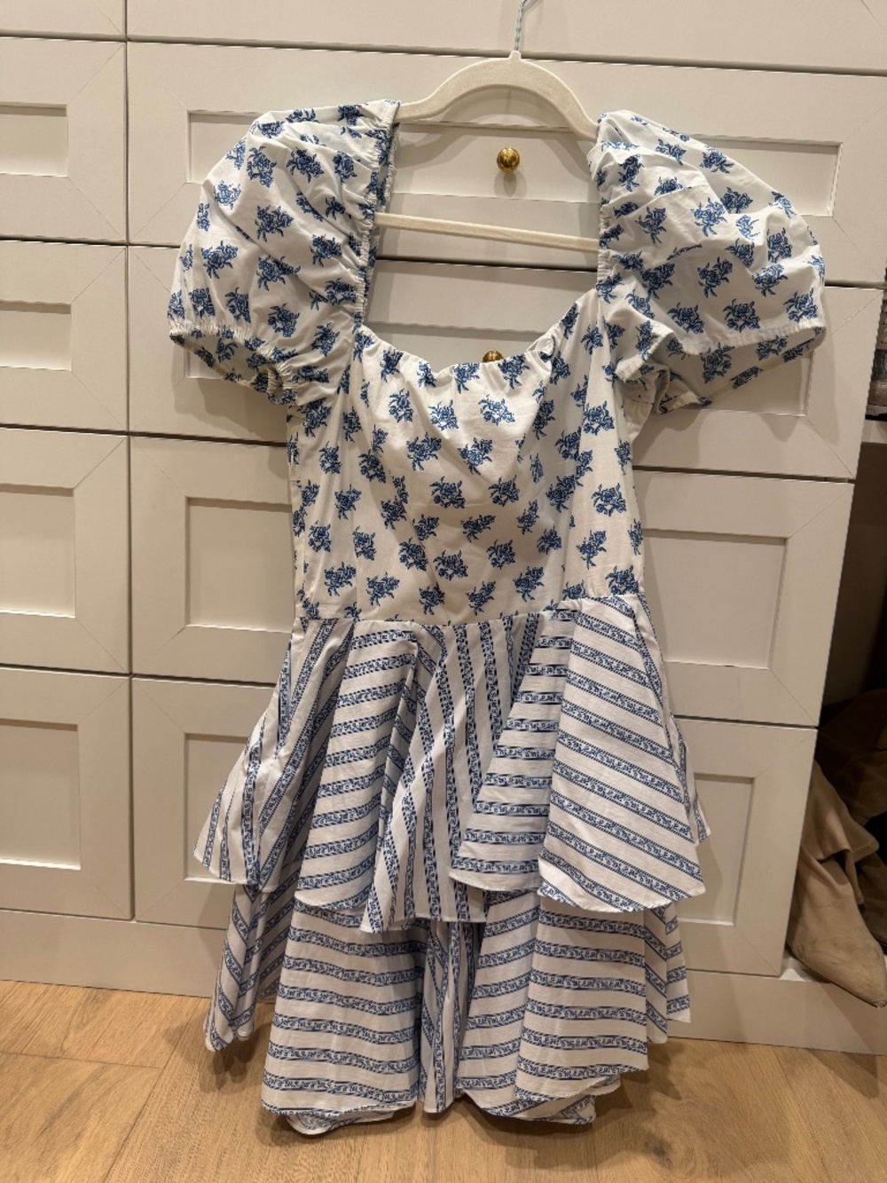 NWT Caroline Constas Louisa Dress Blue Toile Puff Sleeve Tiered Mini M